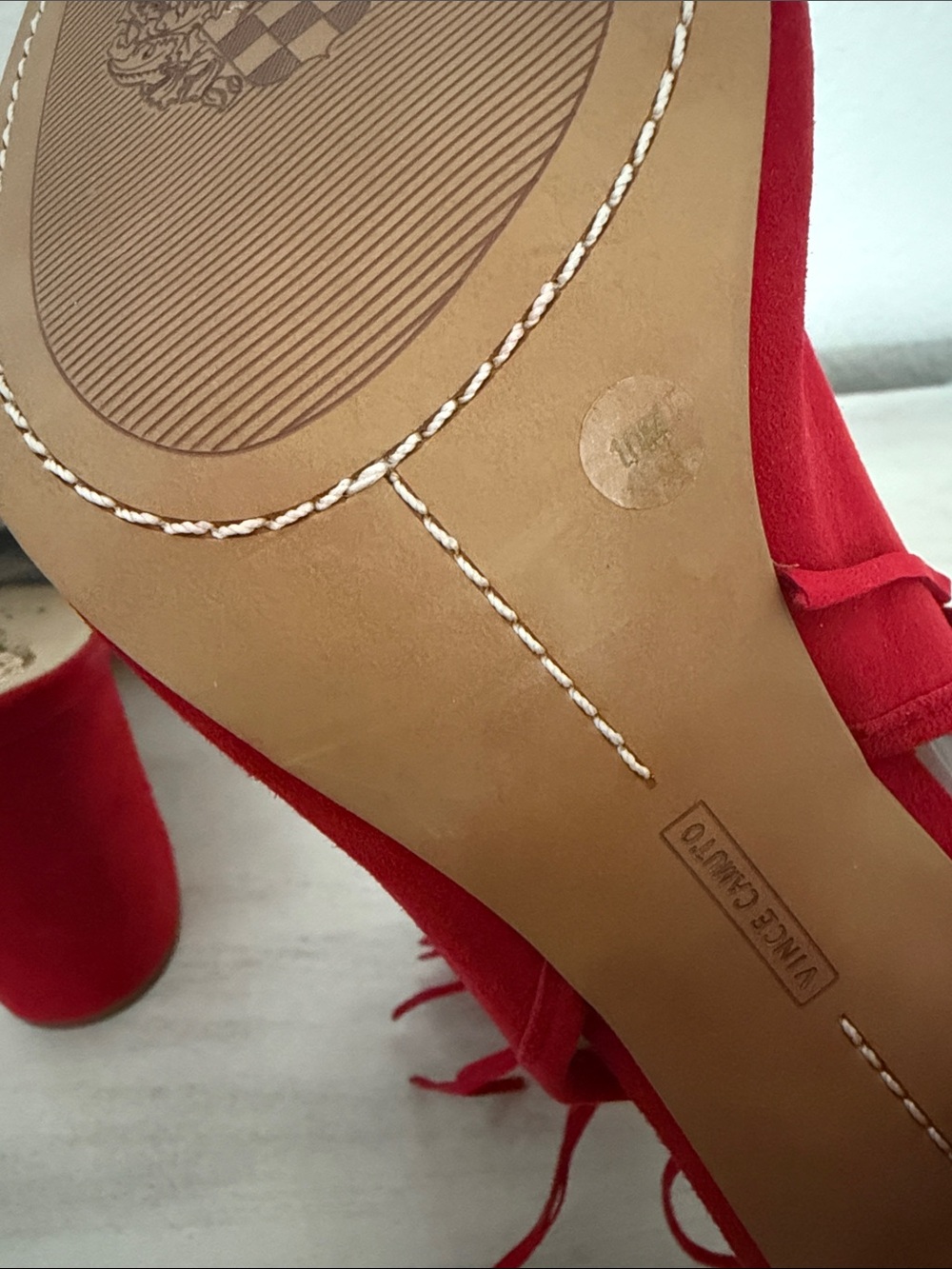 Vince Camuto Winveer Red Suede Fringe Peep-Toe Block Heels Size 10 - Picture 7 of 9